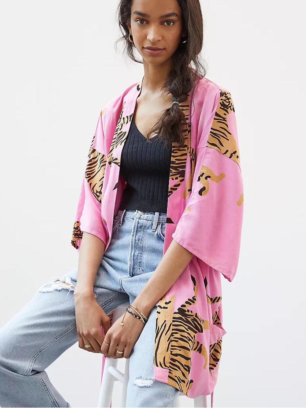 NWT Anthropologie Emerson Fry Fete Tiger Kimono Animal Pink Tan Medium Large